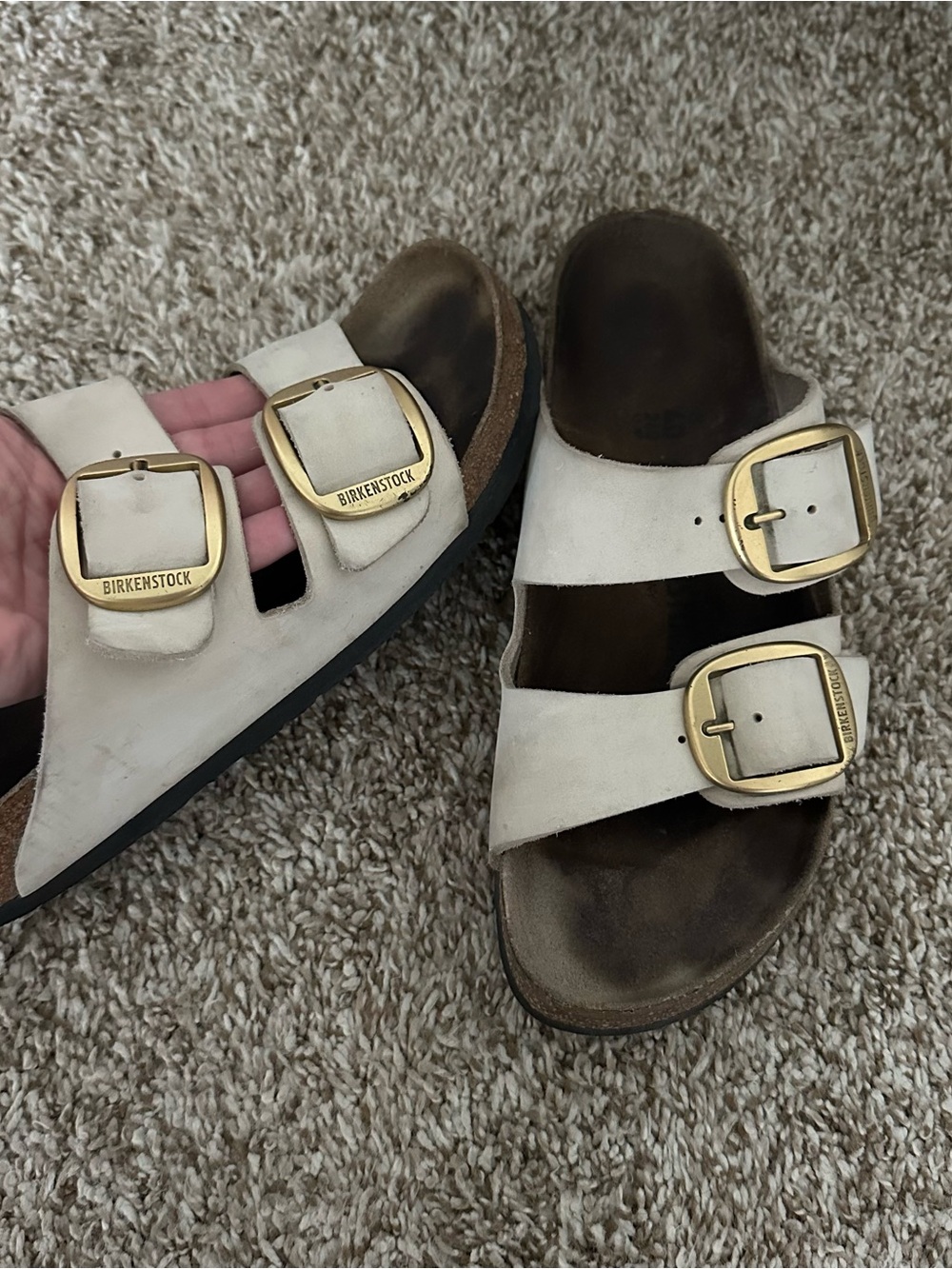 Birkenstock Arizona Two-Strap Sandals in Cream with Gold Buckles